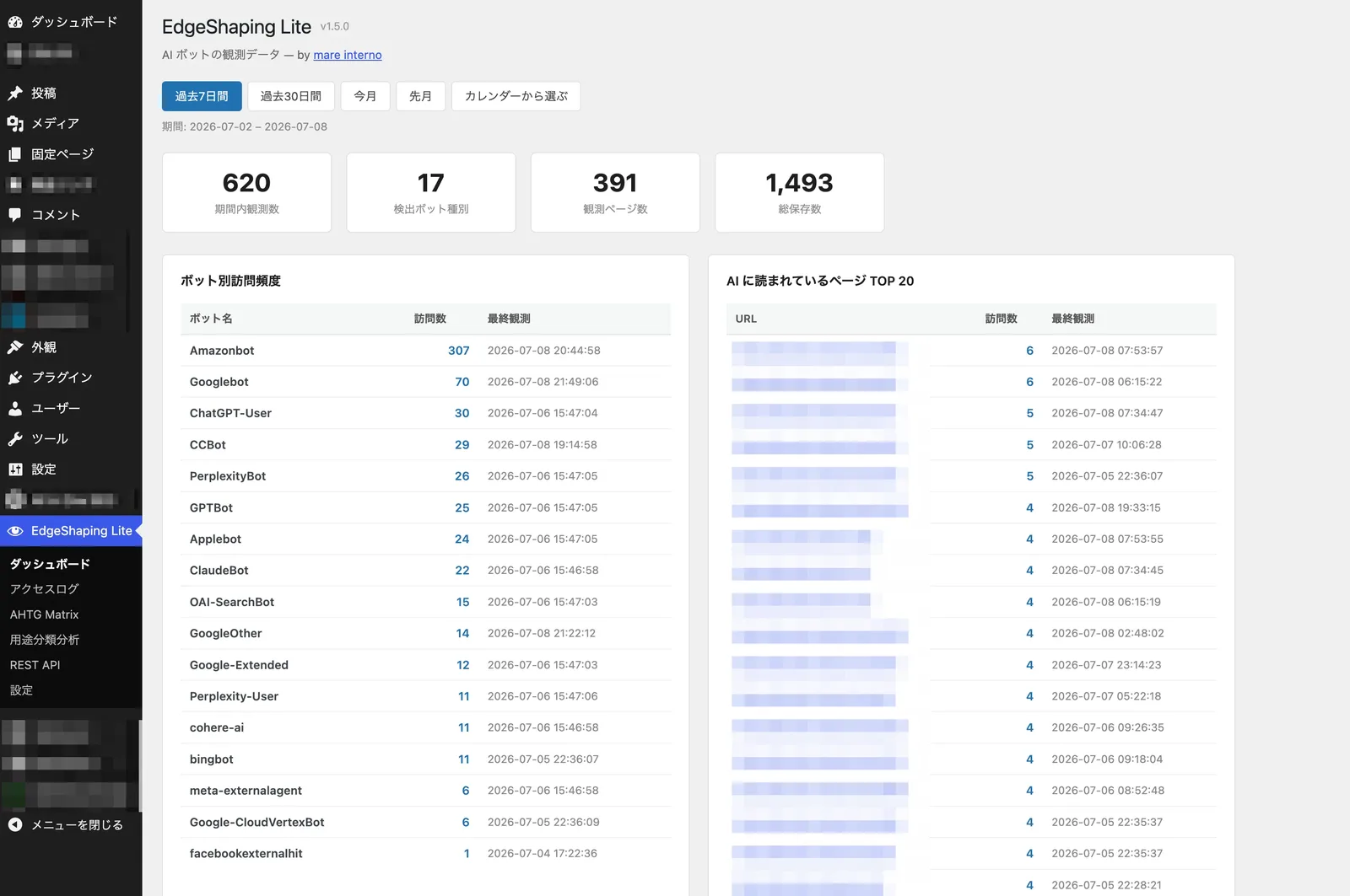 EdgeShaping Lite dashboard with four score cards and a top-20 list of pages read by AI